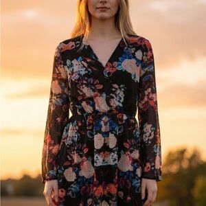 Xhilaration Black Long-Sleeve Floral Wrap Dress